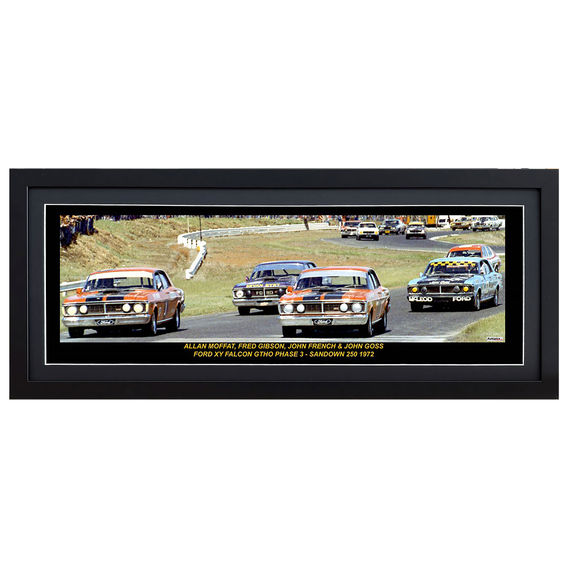 Framed Panoramic featuring the 1972 Sandown 250 XY Phase 3 Fords. Framed Panoramic featuring the 1972 Sandown 250 XY Phase 3 Fords.