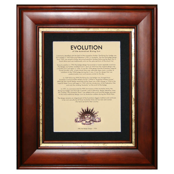 The Evolution of the Rising Sun Hat Badge framed