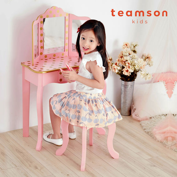 Teamson Kids - Fashion Polka Dot Prints Gisele Play Vanity Set - Pink / Gold