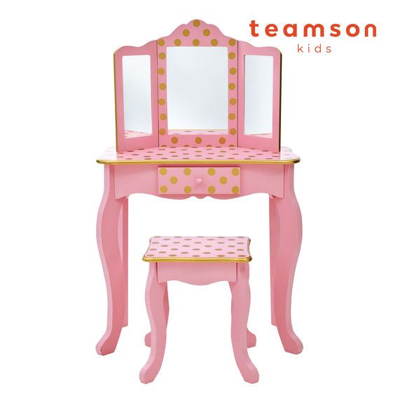 Teamson Kids - Fashion Polka Dot Prints Gisele Play Vanity Set - Pink / Gold Teamson Kids - Fashion Polka Dot Prints Gisele Play Vanity Set - Pink / Gold