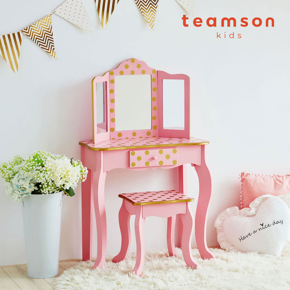 Teamson Kids - Fashion Polka Dot Prints Gisele Play Vanity Set - Pink / Gold