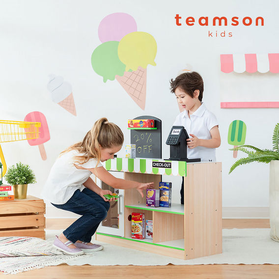 Teamson Kids - Cashier Austin Play Market Stand - Green / Wood