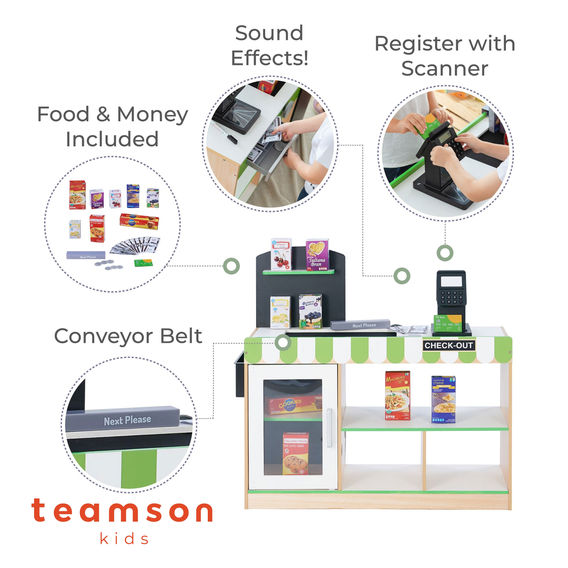 Teamson Kids - Cashier Austin Play Market Stand - Green / Wood
