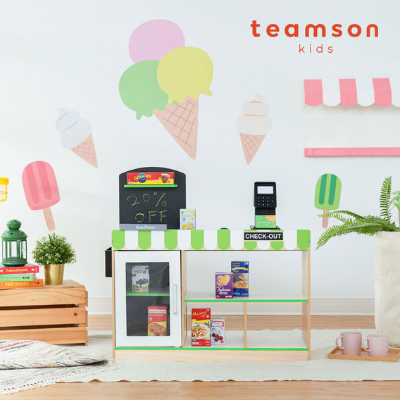 Teamson Kids - Cashier Austin Play Market Stand - Green / Wood Teamson Kids - Cashier Austin Play Market Stand - Green / Wood