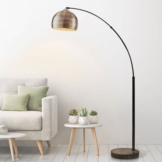 Arquer Arc Floor Lamp With Marble Base, Antique Brass Finished Shade Arquer Arc Floor Lamp With Marble Base, Antique Brass Finished Shade