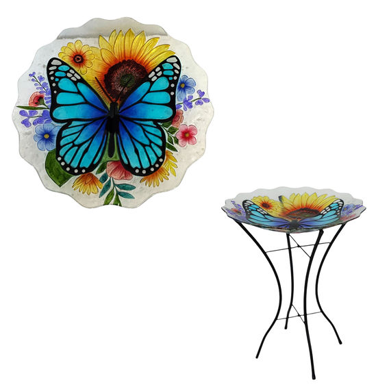 46cm Glass/Metal Bird Feeder with Butterfly and Sunflower Design