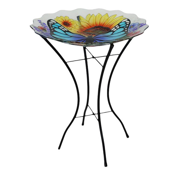 46cm Glass/Metal Bird Feeder with Butterfly and Sunflower Design
