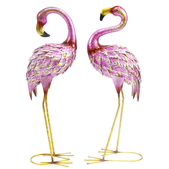 63cm Pink & Gold Metal Garden Flamingo Pair