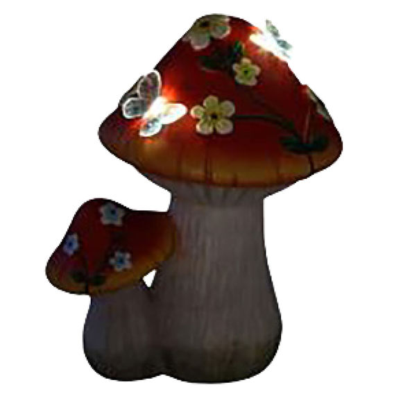 40cm Garden Twin Mushroom with Floral Design and Light Up Solar Butterfly