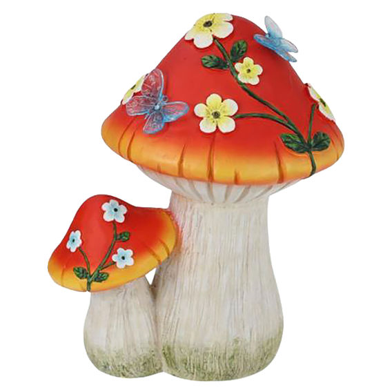 40cm Garden Twin Mushroom with Floral Design and Light Up Solar Butterfly