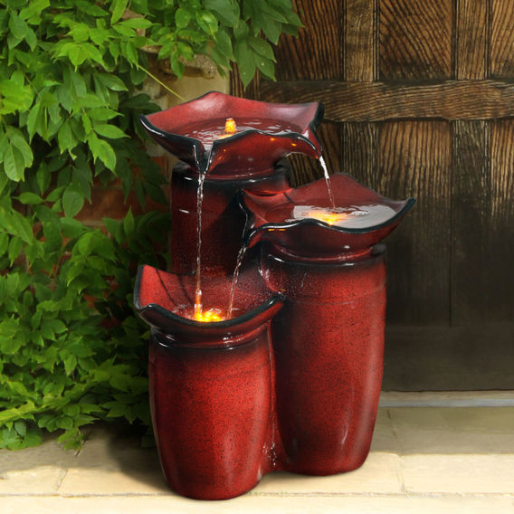 Teamson Home Outdoor 3-Tier Glazed Pot Floor Fountain with LED Lights, Red