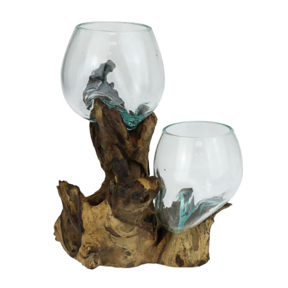 Driftwood with Hand Blown Twin Glass Bowls Driftwood with Hand Blown Twin Glass Bowls