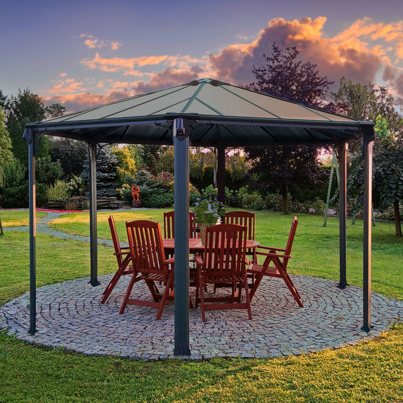 Canopia Monaco Hexagon Gazebo 3.9m x 4.5m - Grey Frame With Bronze Roof Canopia Monaco Hexagon Gazebo 3.9m x 4.5m - Grey Frame With Bronze Roof