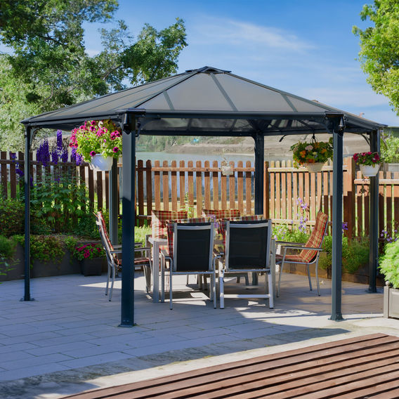 Canopia Monaco Hexagon Gazebo 3.9m x 4.5m - Grey Frame With Bronze Roof